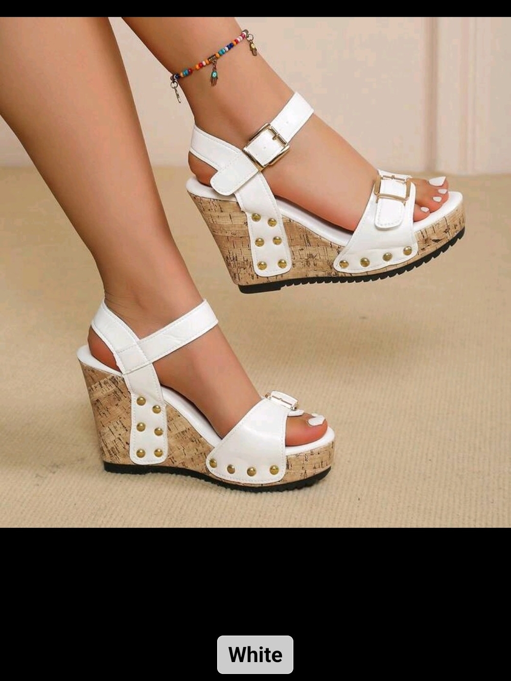 White Cork Wedge Sandals with Gold Stud Accents